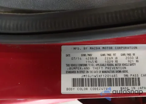 2015 Mazda Mazda6 I Grand Touring from USA, damaged, VIN JM1GJ1W5XF1201685